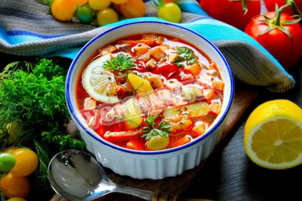 Суп солянка з оливками, ковбасою, лимоном та огірками