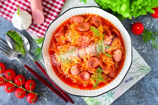 Капуста тушкована з сосисками