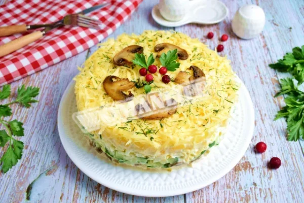 Салат з ананасами, грибами, печерицями і куркою шарами