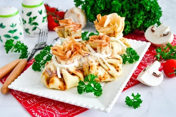 Млинцеві мішечки з куркою та грибами