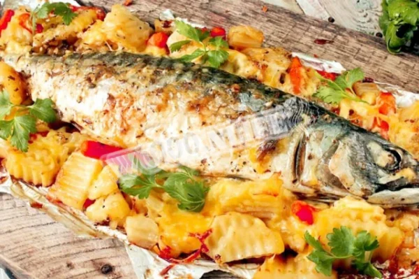 Запечена скумбрія з овочами в духовці у фользі