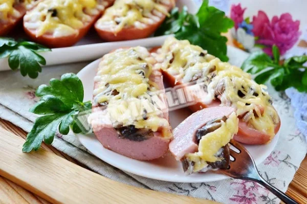 Сосиски в духовці з сиром і грибами