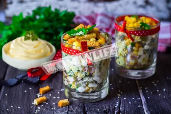 Салат з грінками, яйцем і копченою ковбасою