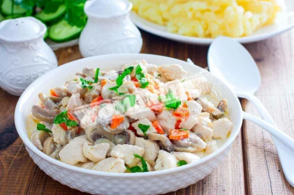 Тушкована курка з консервованими печерицями