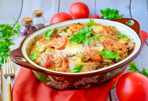 Курка під шубою в духовці з картоплею і грибами