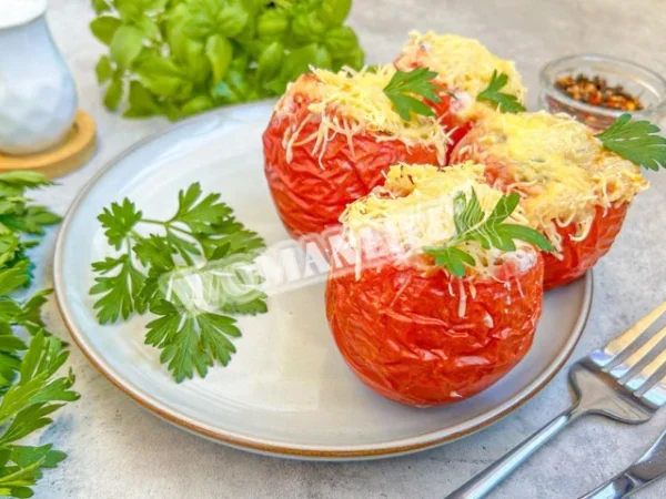 Помідори, фаршировані куркою і сиром в духовці