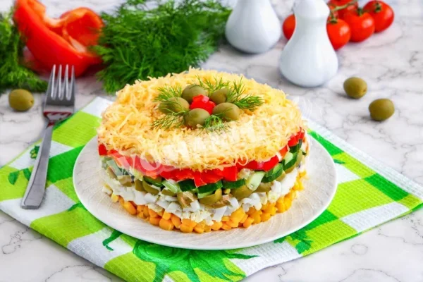 Салат з яйцем, кукурудзяним сиром і огірком