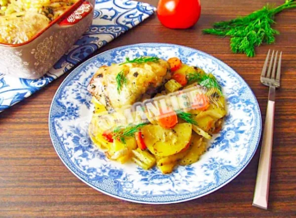 Курка з картоплею, цибулею і морквою в духовці під фольгою