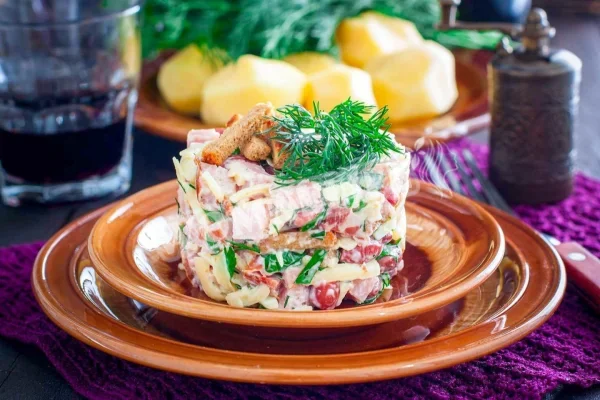 Салат з шинкою і квасолею, сиром і грінками