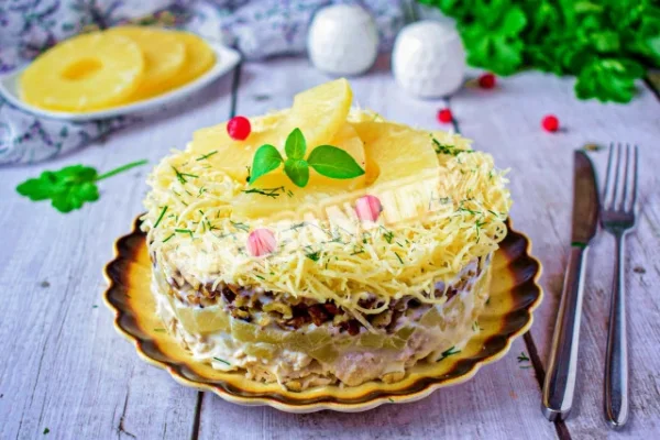Салат з куркою, ананасом, волоськими горіхами та сиром