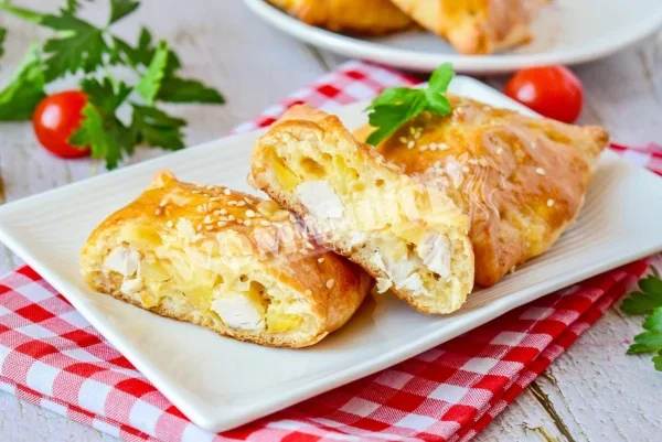 Листкові конвертики в духовці з куркою, сиром і картоплею