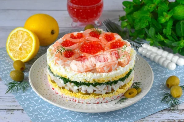 Королівський салат з кальмарами і креветками