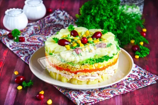 Салат з копченою куркою, ананасовим сиром і кукурудзою