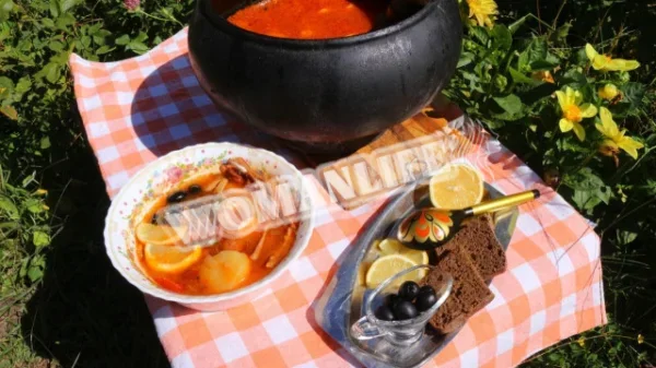 Солянка змішана в чавунній каструлі на вугіллі