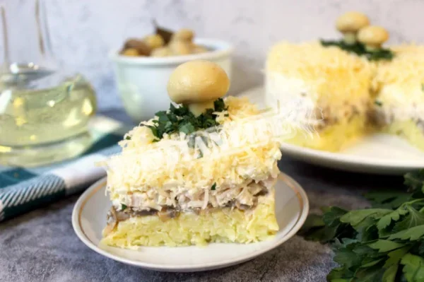 Салат з грудкою і маринованими печерицями