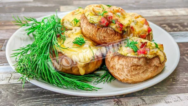 Печериці, фаршировані шинкою і сиром в духовці