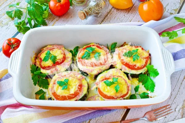 Кабачки з ковбасою, сиром і помідорами в духовці