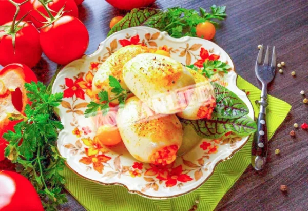 Кальмари, фаршировані рисом і овочами