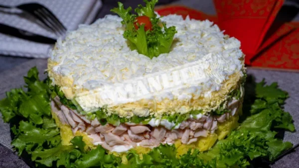 Багатошаровий салат Наречена з копченою куркою