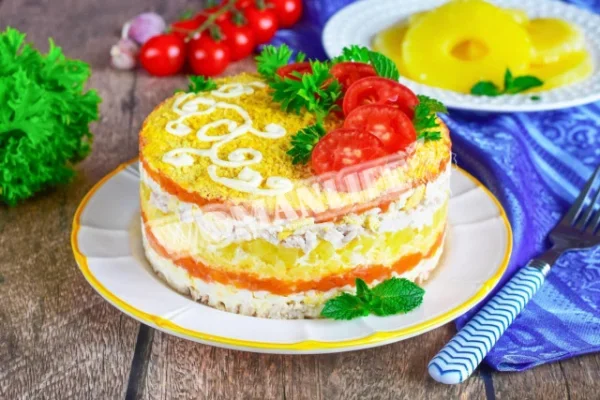 Курячий салат з часником, ананасом і яйцями