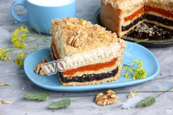 Тришаровий пиріг з чорносливом, курагою та горіхами