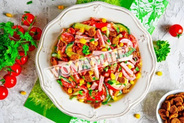 Салат з шинкою, помідорами, грінками, квасолею