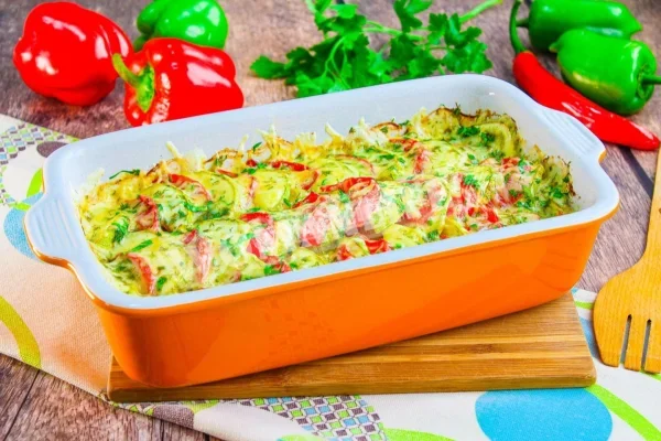 Кабачки з курячою грудкою в духовці з сиром і помідорами
