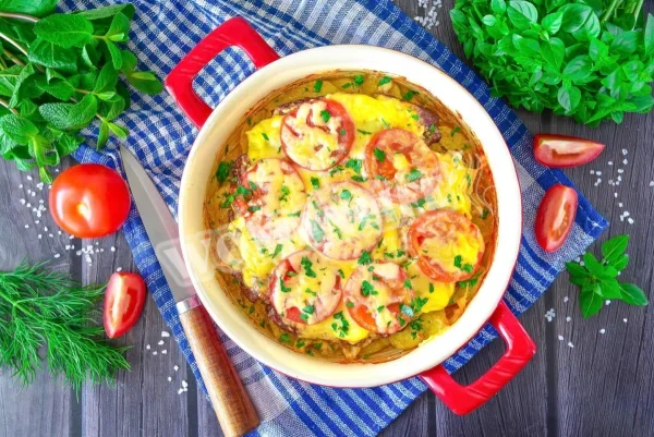 Яловичина з картоплею, помідорами і сиром в духовці