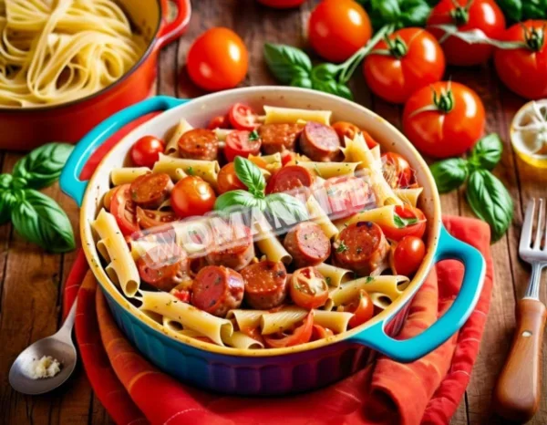 Паста з сосисками, помідорами і сиром, запечена в духовці
