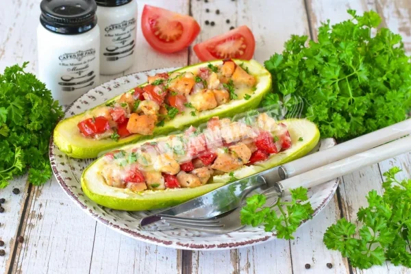 Човники з кабачків з куркою і помідорами в духовці
