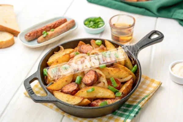 Смажена картопля з сосисками на сковороді