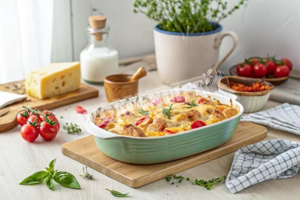 Запеканка картофельная с курицей помидорами и сыром