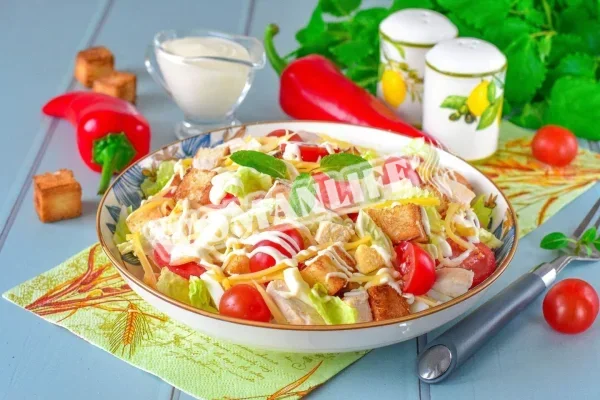 Салат з курки з грінками і сиром