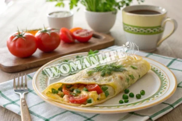 Омлет в лаваші з сиром, помідорами і овочами на сковороді
