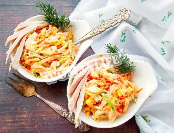 Салат копчена курка корейська морква яйця