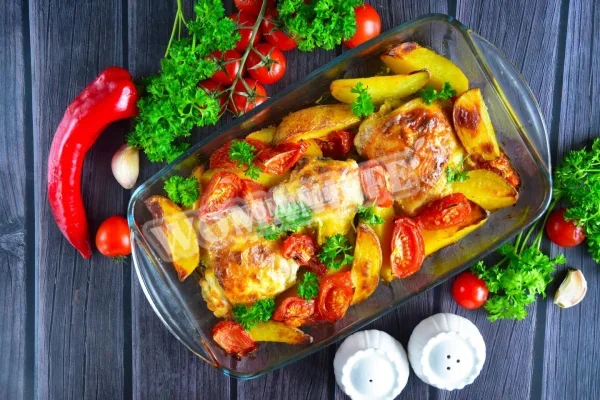 Картопля з куркою і помідорами в духовці